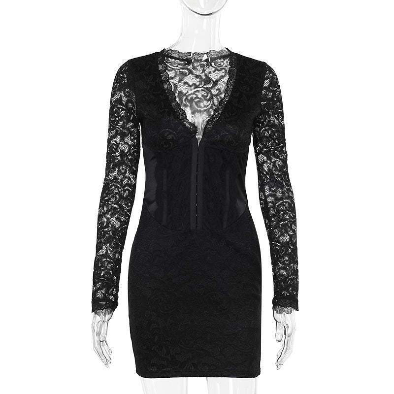 Long Sleeve Narrow Lace Dress Women