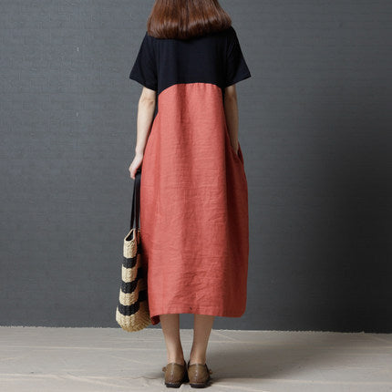 Fashion Cotton Linen Contrast Color Round Neck Dress