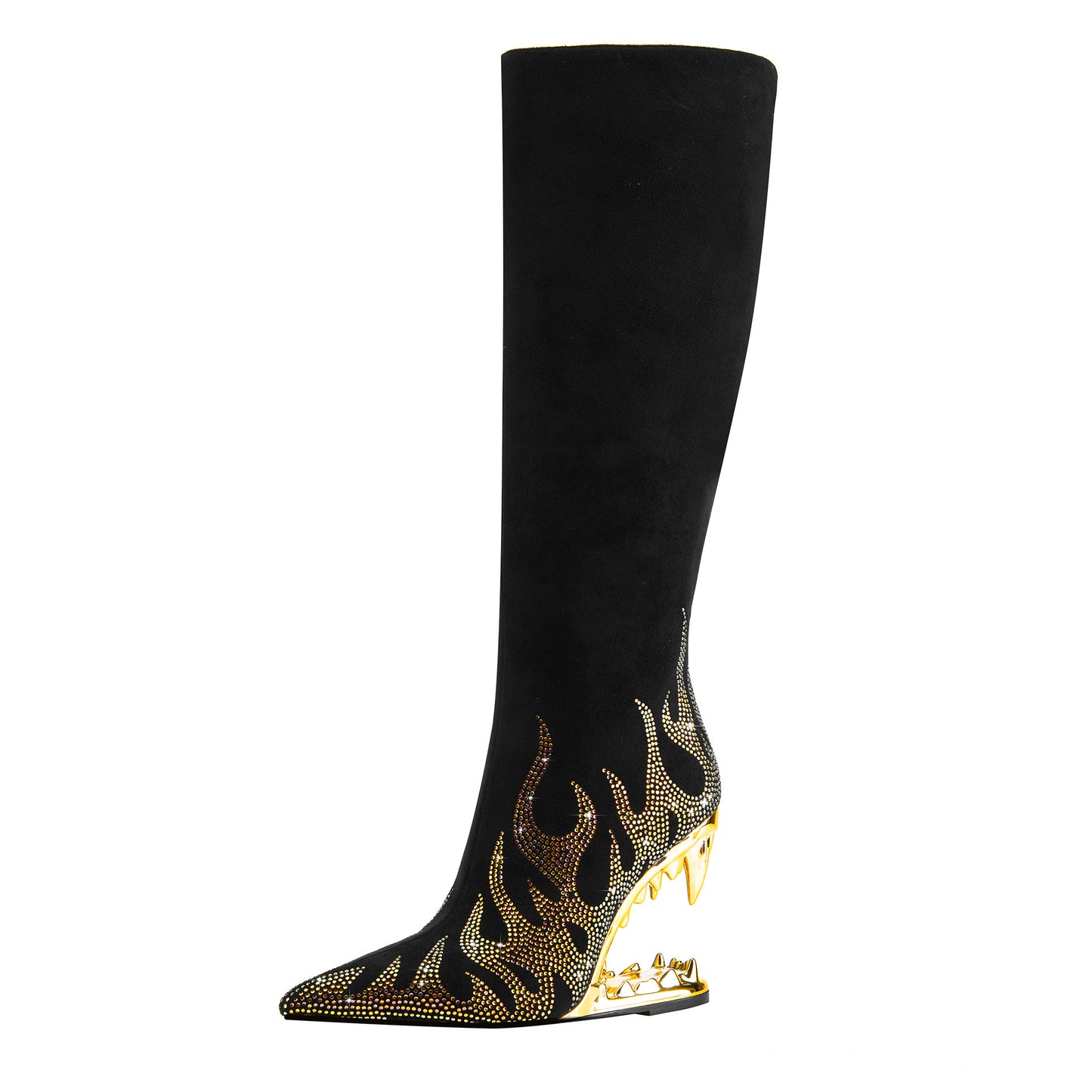 European And American Style Tiger Tooth Profiled Heel Skinny Stretch Boots Rhinestone Flame