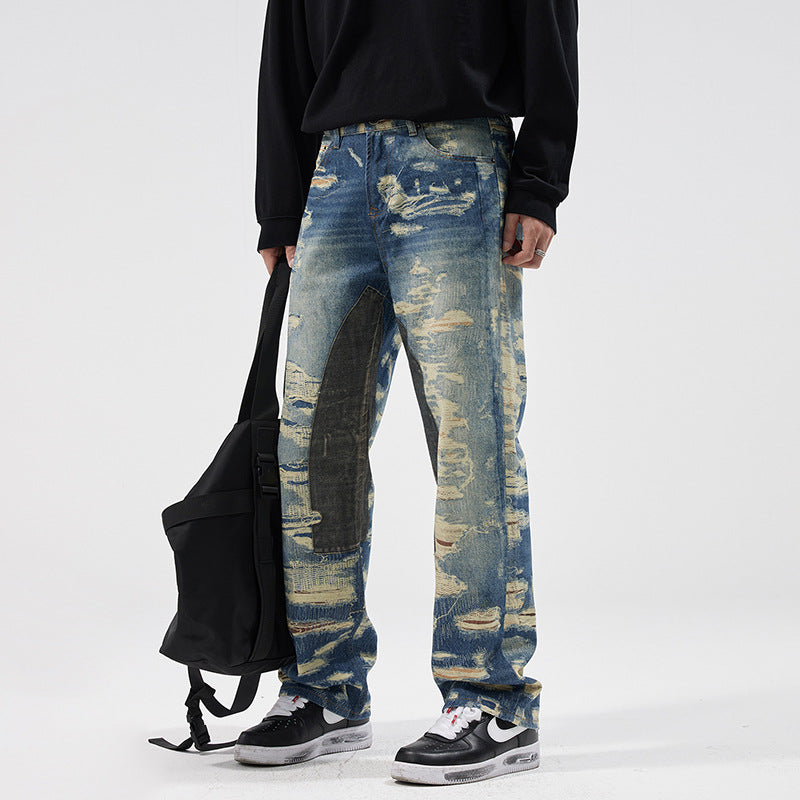 Washed Printed Straight Personality Street Fashionable Denim Trousers