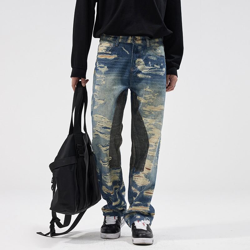 Washed Printed Straight Personality Street Fashionable Denim Trousers