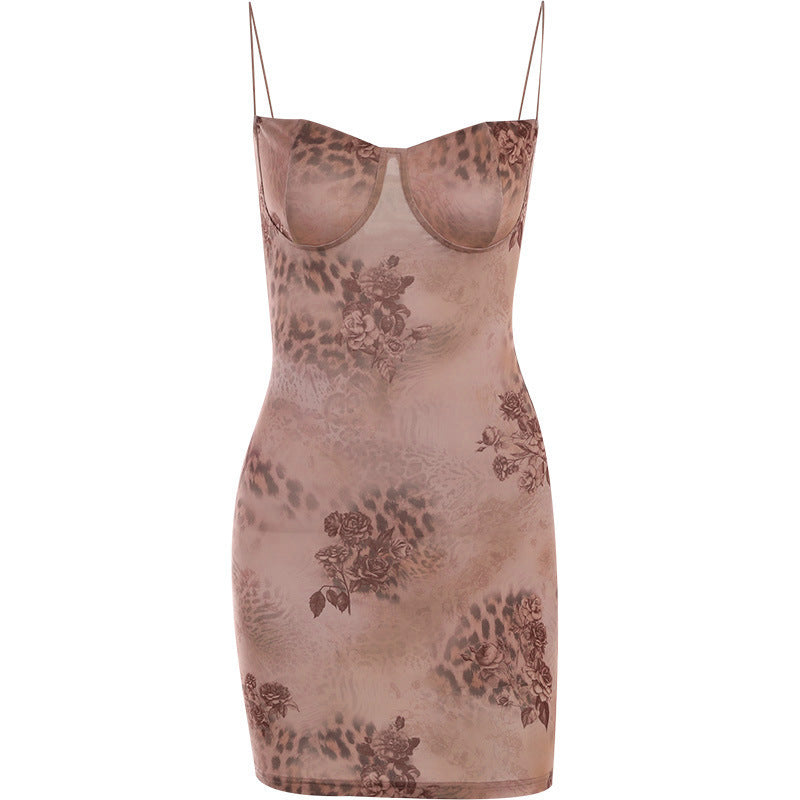 Women's Leopard Rose Retro Spaghetti Straps Dress