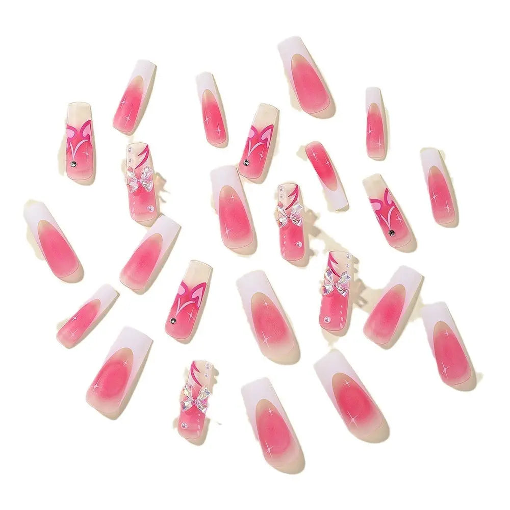 Wear A Piece Long Aurora Bow Pearl Rhinestone White French Edge Fake Nails - Image #2