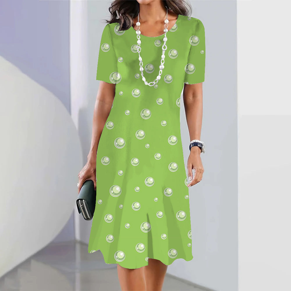 Cute Polka Dot Floral 3D Digital Printed Round Neck Loose Plus Size Short Sleeve Temperament Dress