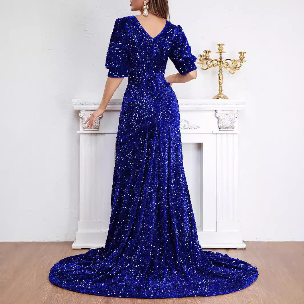 Sexy Middle Sleeve Trailing Sequin Dress Banquet Evening Dress