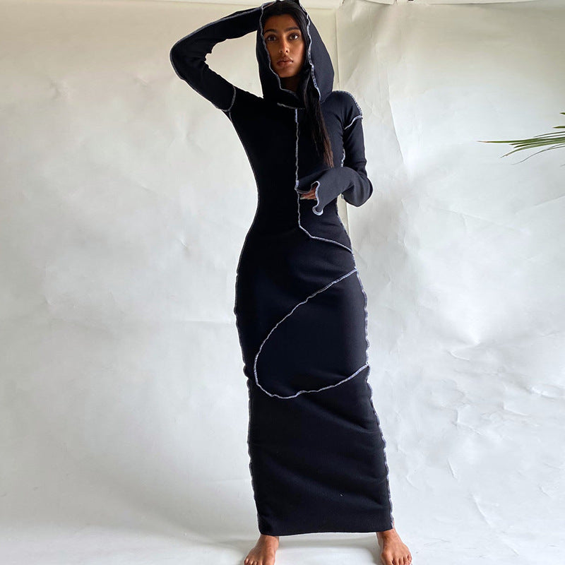 Reverse Side Hooded Long Sleeve T-shirt Dress T-shirt For Women