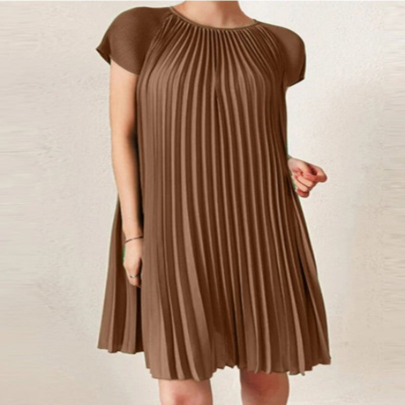 New Women's Round Neck Short Sleeve Pleated Loose Dress