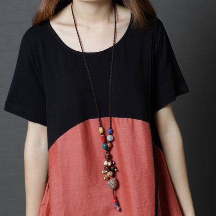 Fashion Cotton Linen Contrast Color Round Neck Dress