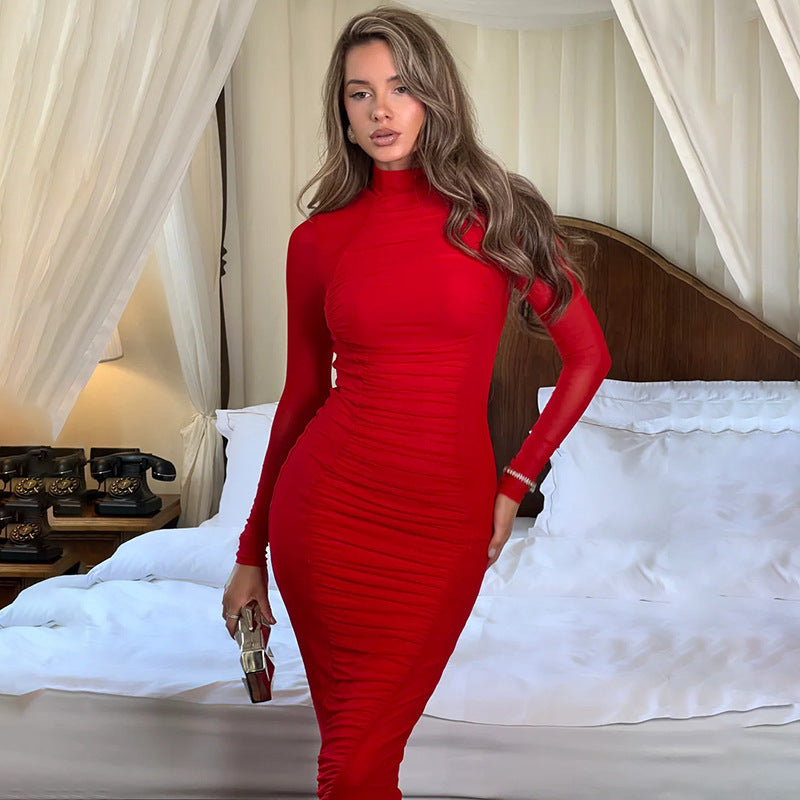 Women's Sexy Mesh Long-sleeve Round-collar Dress