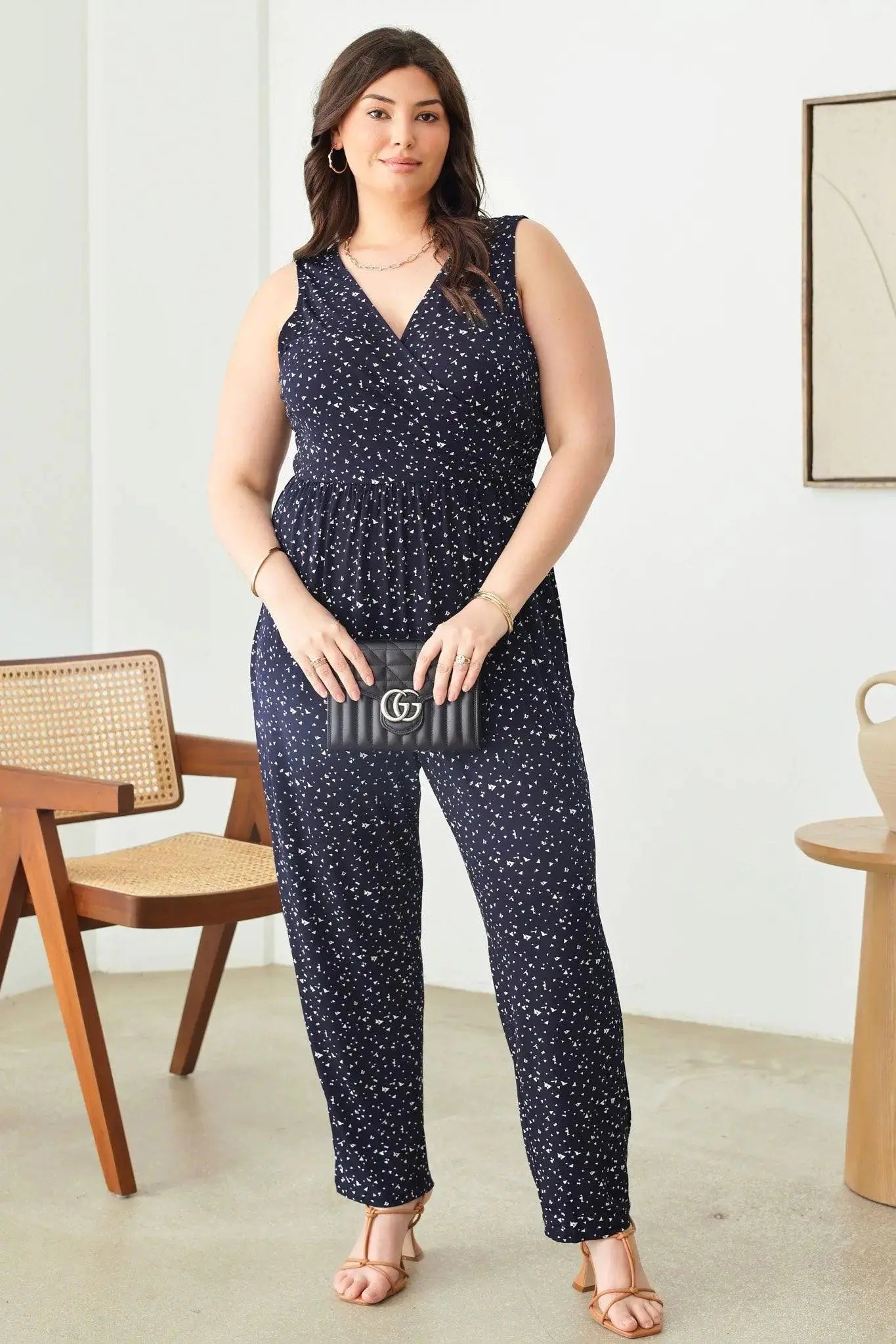 Plus Size Abstract Print Sleeveless Warp Bust Elastic Waist Jumpsuit - Image #6