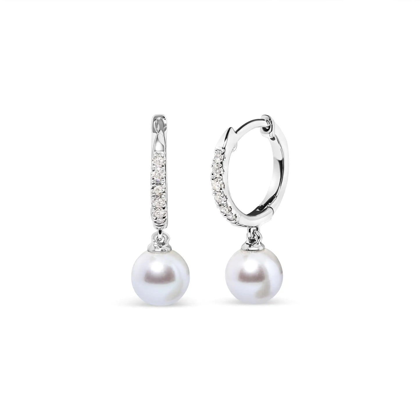 10K White Gold 6x6 MM Cultured Freshwater Pearl and Diamond Accent Drop Huggy Earring (H-I Color, I1-I2 Clarity)