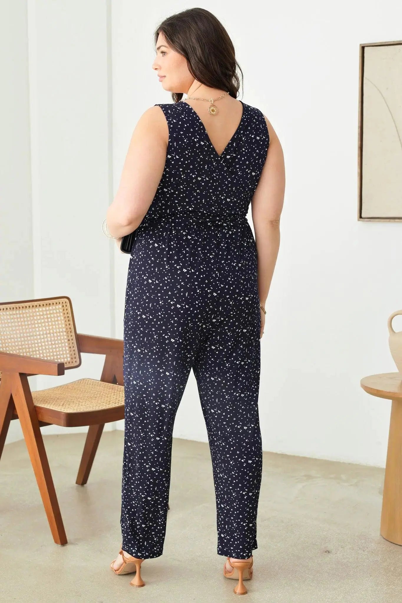 Plus Size Abstract Print Sleeveless Warp Bust Elastic Waist Jumpsuit - Image #1