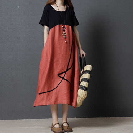 Fashion Cotton Linen Contrast Color Round Neck Dress