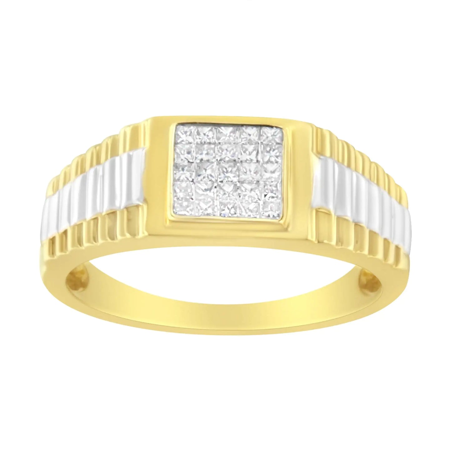 Men's 14K Yellow and White Gold 1/3 Cttw Invisible Set Princess-Cut Diamond Composite Step Up Band Ring (SI2-I1 Clarity, H-I Color)