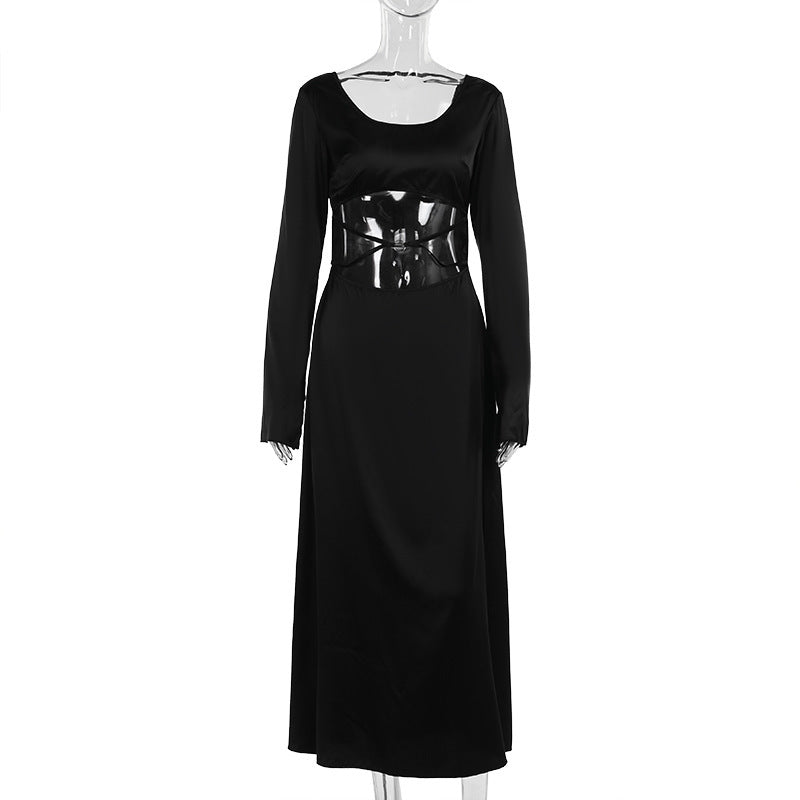 U Collar Waist Hollow Metal Buckle Rope Cross Long Sleeves Dress