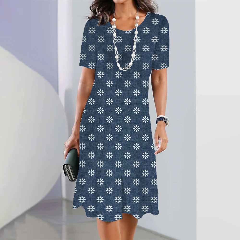 Cute Polka Dot Floral 3D Digital Printed Round Neck Loose Plus Size Short Sleeve Temperament Dress