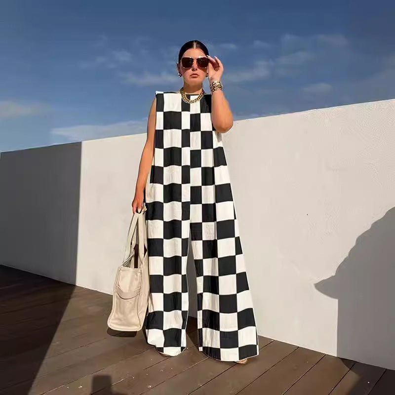 Loose Casual Women's Fashion Plaid Colored Mosaic Jumpsuit