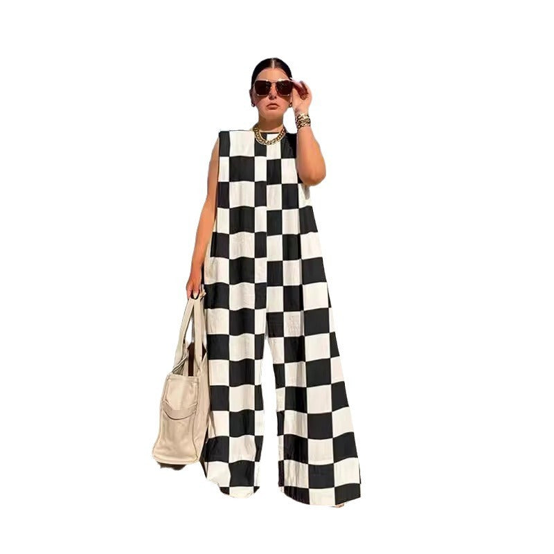 Loose Casual Women's Fashion Plaid Colored Mosaic Jumpsuit