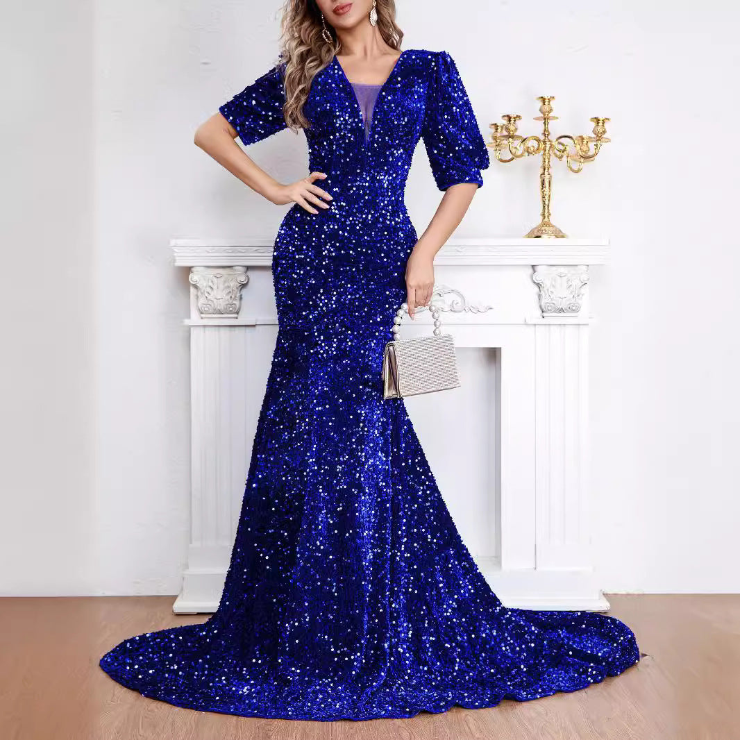 Sexy Middle Sleeve Trailing Sequin Dress Banquet Evening Dress