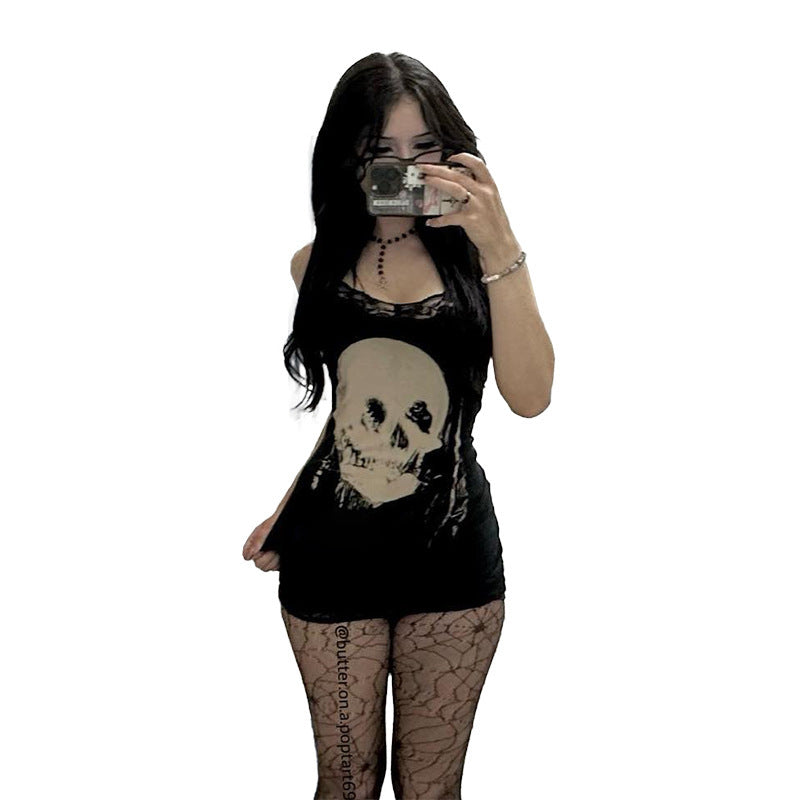 Personalized Skull Printed Suspender Skirt For Women