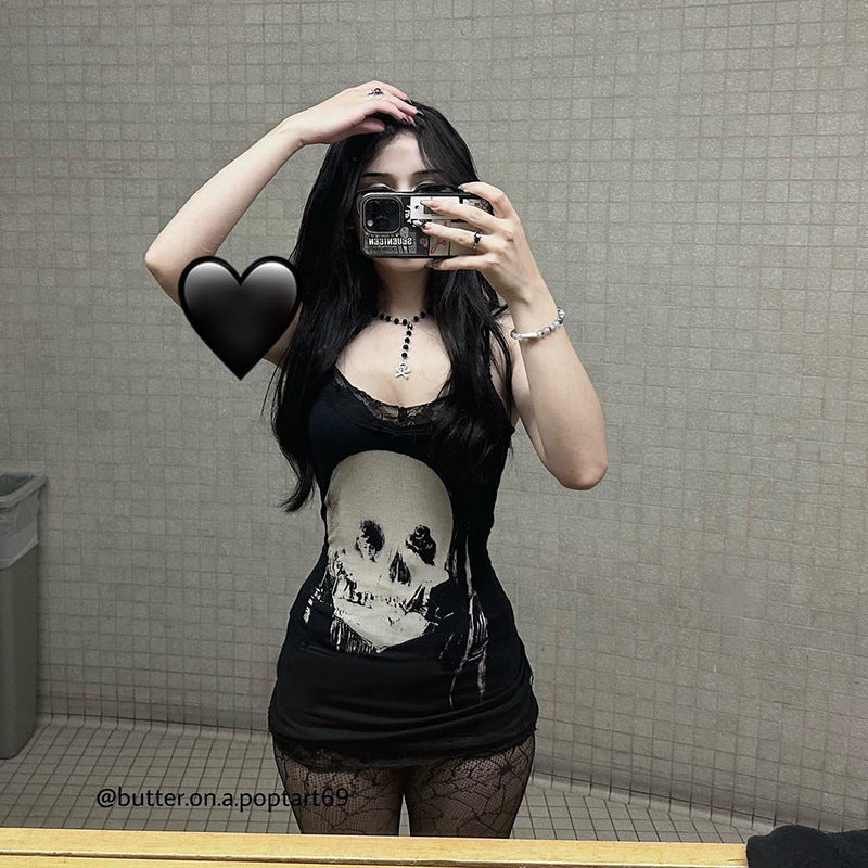 Personalized Skull Printed Suspender Skirt For Women