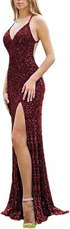 Sequined Lace Back Hollow Out See-through V-neck Dress