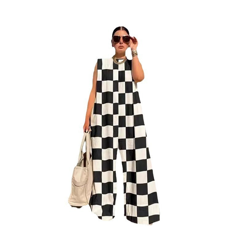 Loose Casual Women's Fashion Plaid Colored Mosaic Jumpsuit