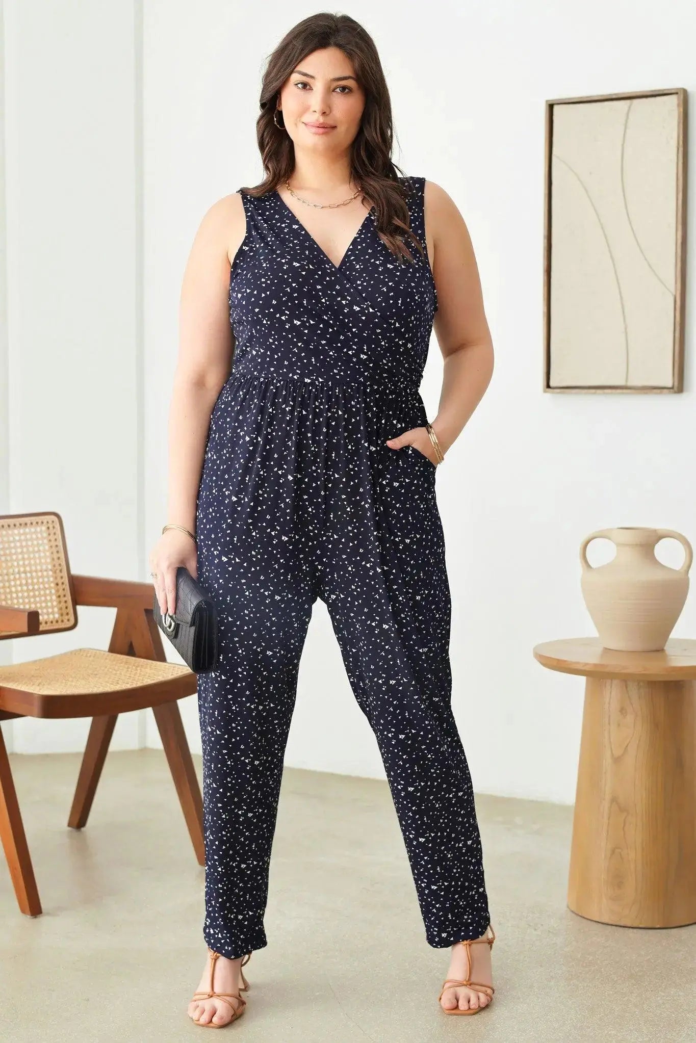 Plus Size Abstract Print Sleeveless Warp Bust Elastic Waist Jumpsuit - Image #2