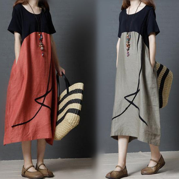 Fashion Cotton Linen Contrast Color Round Neck Dress