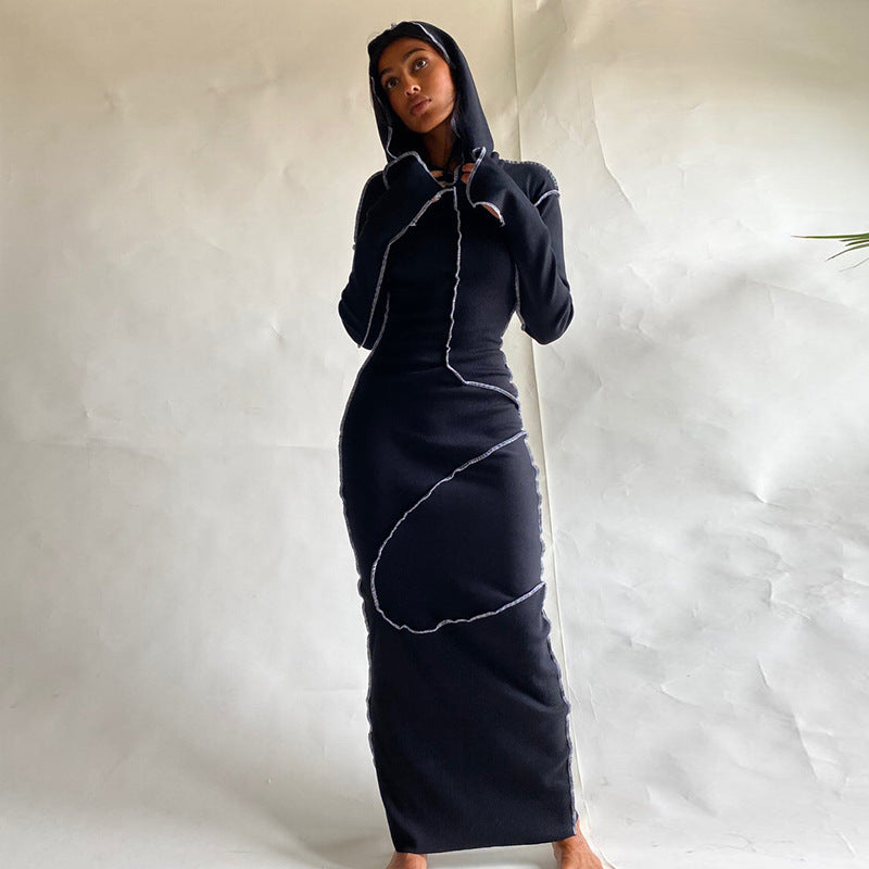 Reverse Side Hooded Long Sleeve T-shirt Dress T-shirt For Women