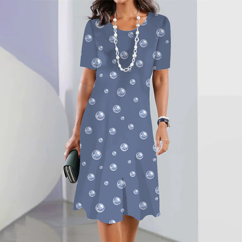 Cute Polka Dot Floral 3D Digital Printed Round Neck Loose Plus Size Short Sleeve Temperament Dress