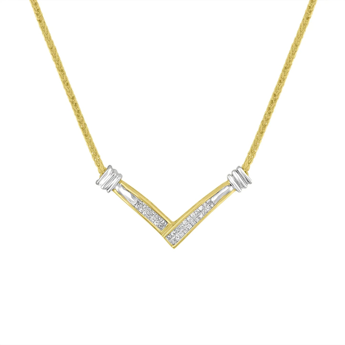 14K Yellow and White Gold 1/4 Cttw Princess Cut Diamond Channel-Set “V” Shape 18" Pendant Necklace (H-I Color, SI2-I1 Clarity)