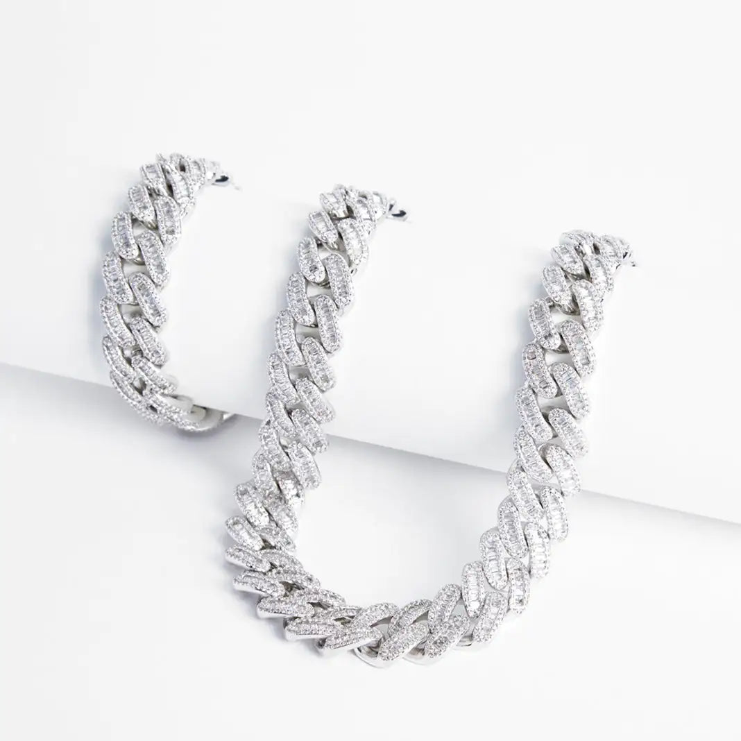 14mm Prong Link Chain + Bracelet Bundle - White Gold