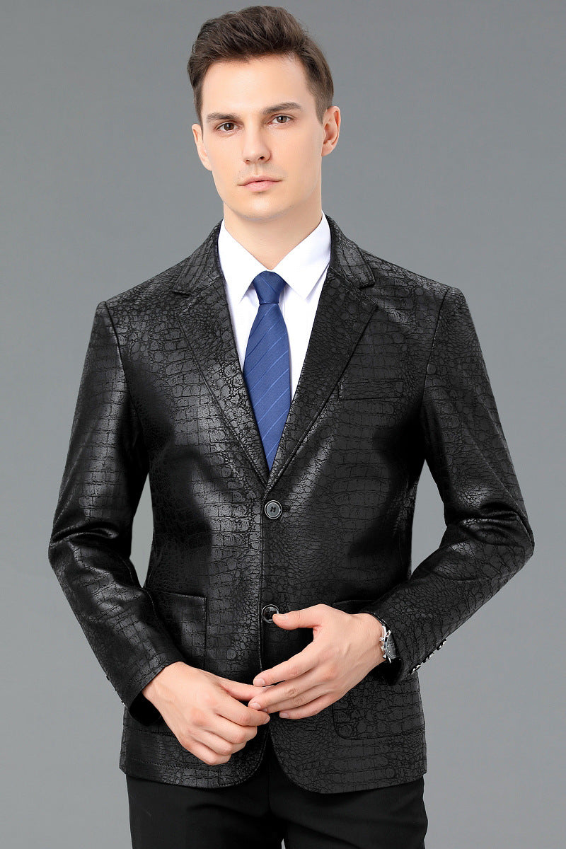 Men's Leather Coat Suit Collar Single-breasted Crocodile Pattern