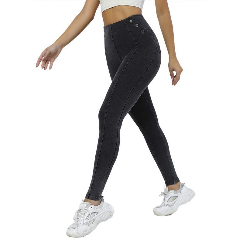 Skinny Yoga Pants Side Button Hip Lifting Women's Fitness Pants