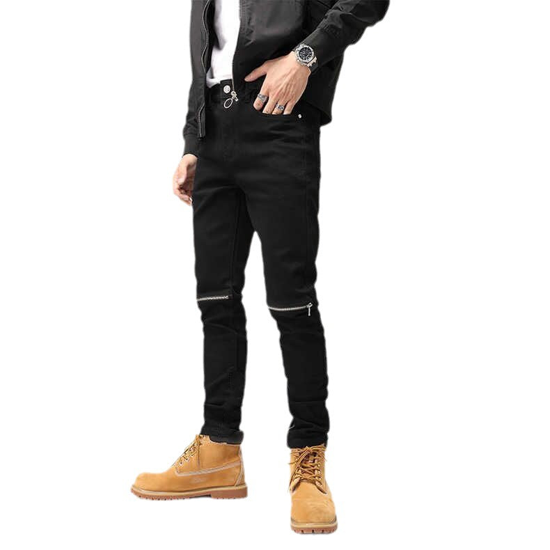 Men's Slim-fit Knee Zipper Ripped Jeans