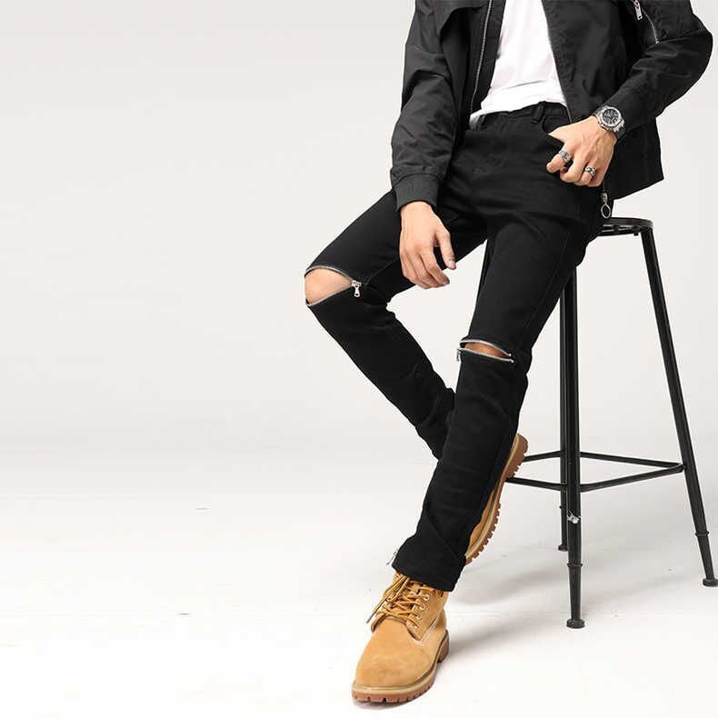 Men's Slim-fit Knee Zipper Ripped Jeans