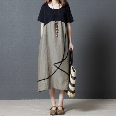 Fashion Cotton Linen Contrast Color Round Neck Dress