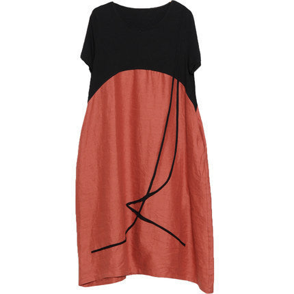 Fashion Cotton Linen Contrast Color Round Neck Dress