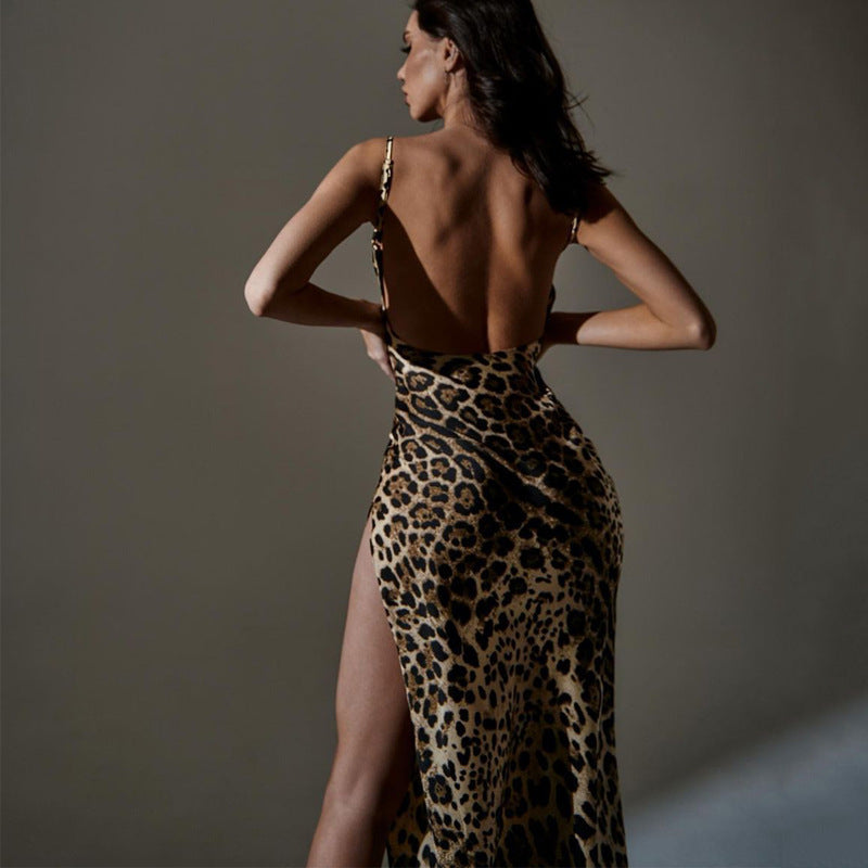 Sexy Backless Slit Thigh-exposed Irregular Leopard Strap Zebra Print Slim Fit Long Dress