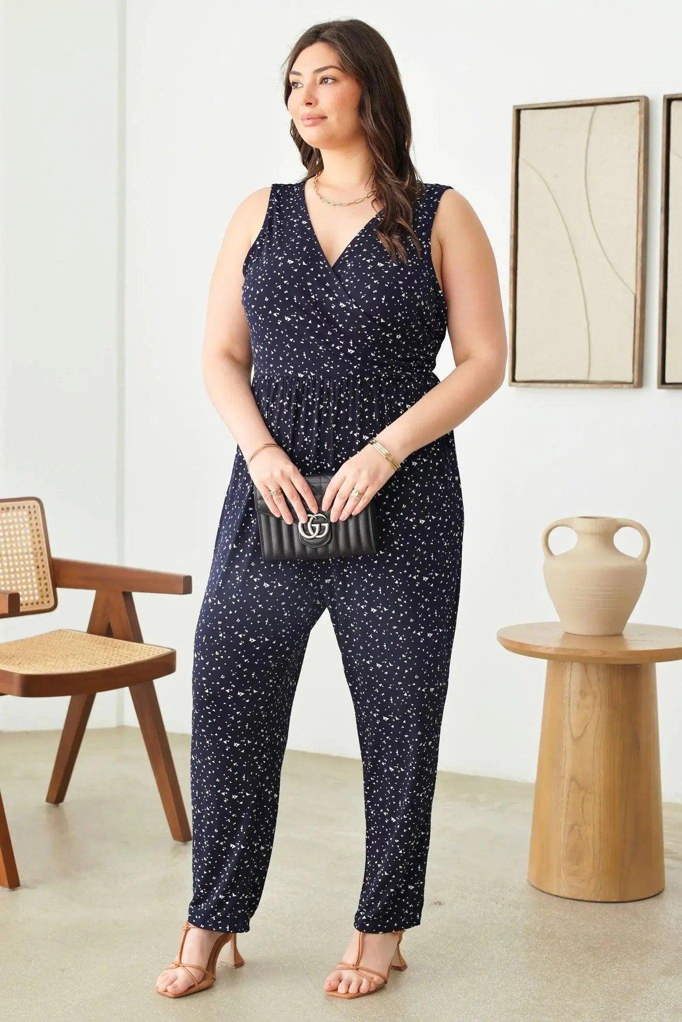 Plus Size Abstract Print Sleeveless Warp Bust Elastic Waist Jumpsuit - Image #3