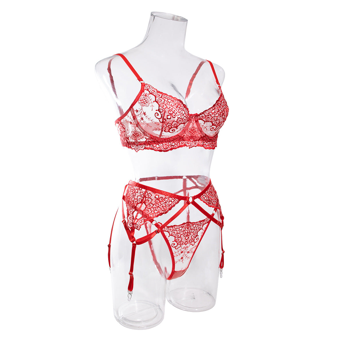 Christmas Red New Style Machine Embroidery Three-piece Underwear For Women