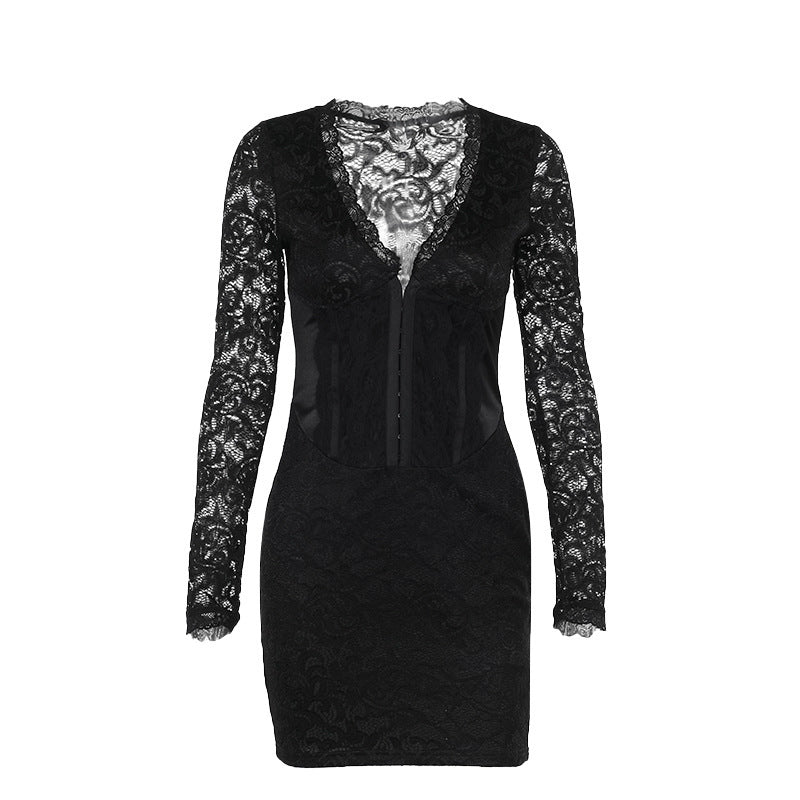 Long Sleeve Narrow Lace Dress Women