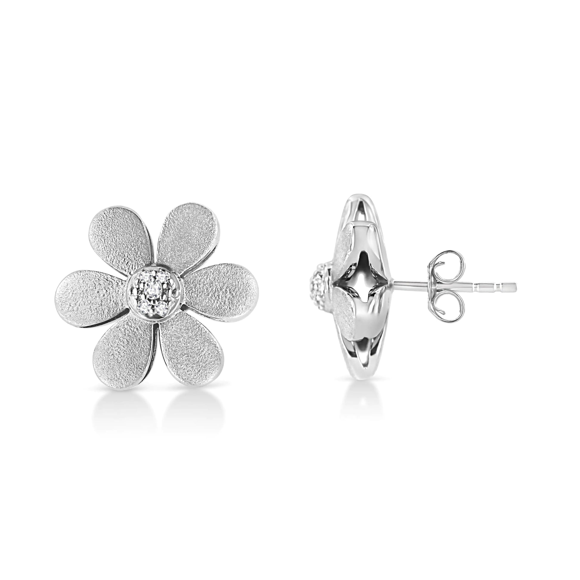 Matte Finished .925 Sterling Silver Diamond Accent Flower Hoop Stud Earring (I-J Color, I1-I2 Clarity) - Image #2