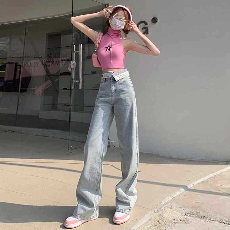 Women's Wide-leg Cuffed Light-colored Straight Mop Jeans