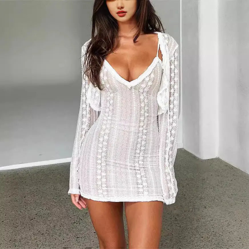 Cross Border Long-sleeved Sun-proof Cardigan Sexy V-neck Split Dress Party Elegant - Image #1