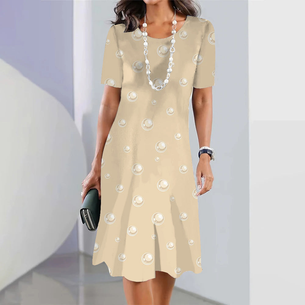 Cute Polka Dot Floral 3D Digital Printed Round Neck Loose Plus Size Short Sleeve Temperament Dress