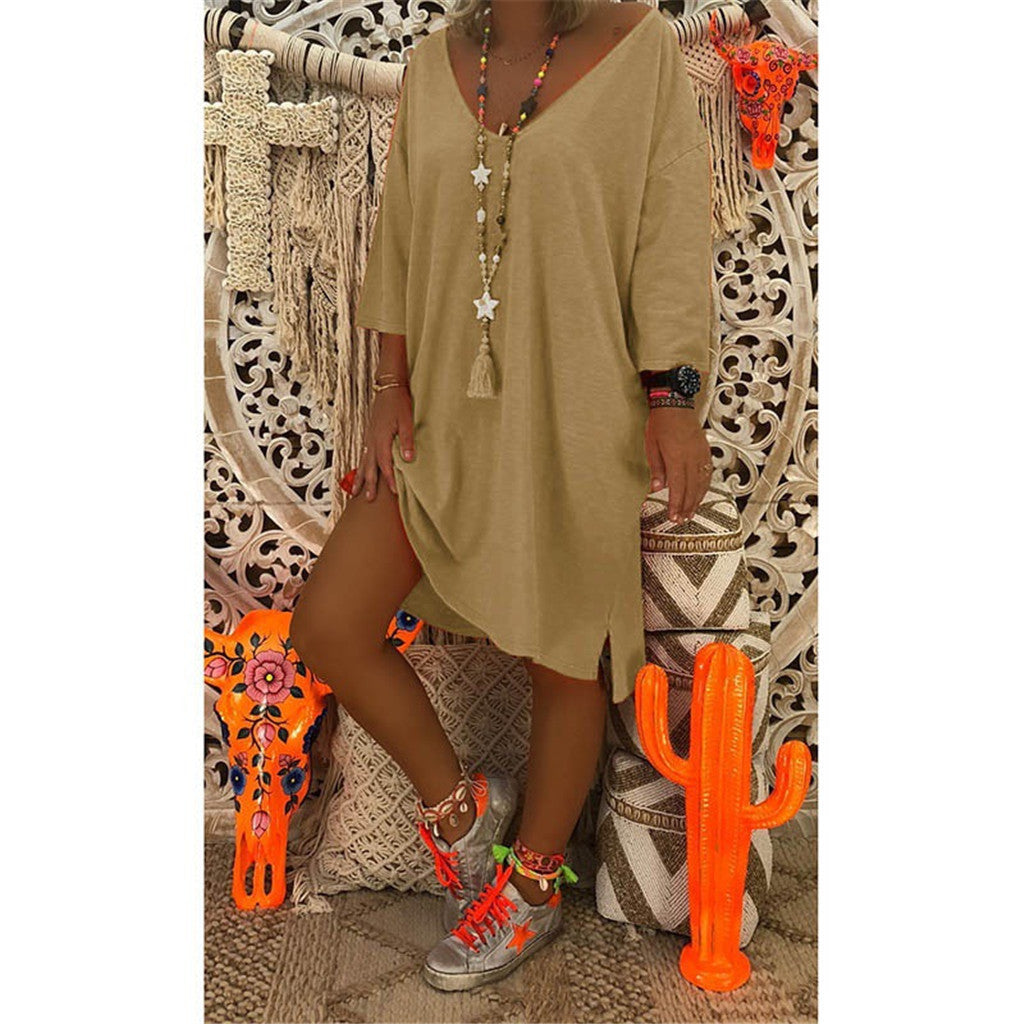 V-neck Long Sleeve Loose Solid Color Dress