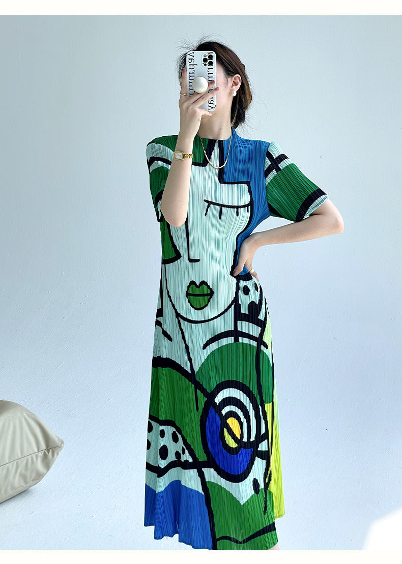 Printed Design Short Sleeve Dress Elegant Temperament