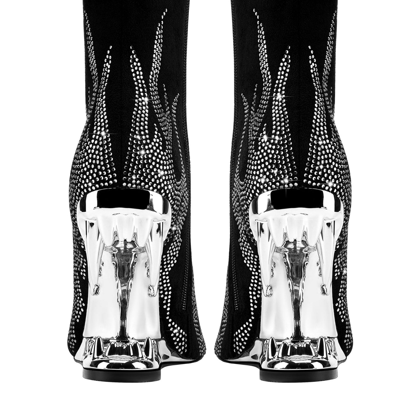 European And American Style Tiger Tooth Profiled Heel Skinny Stretch Boots Rhinestone Flame